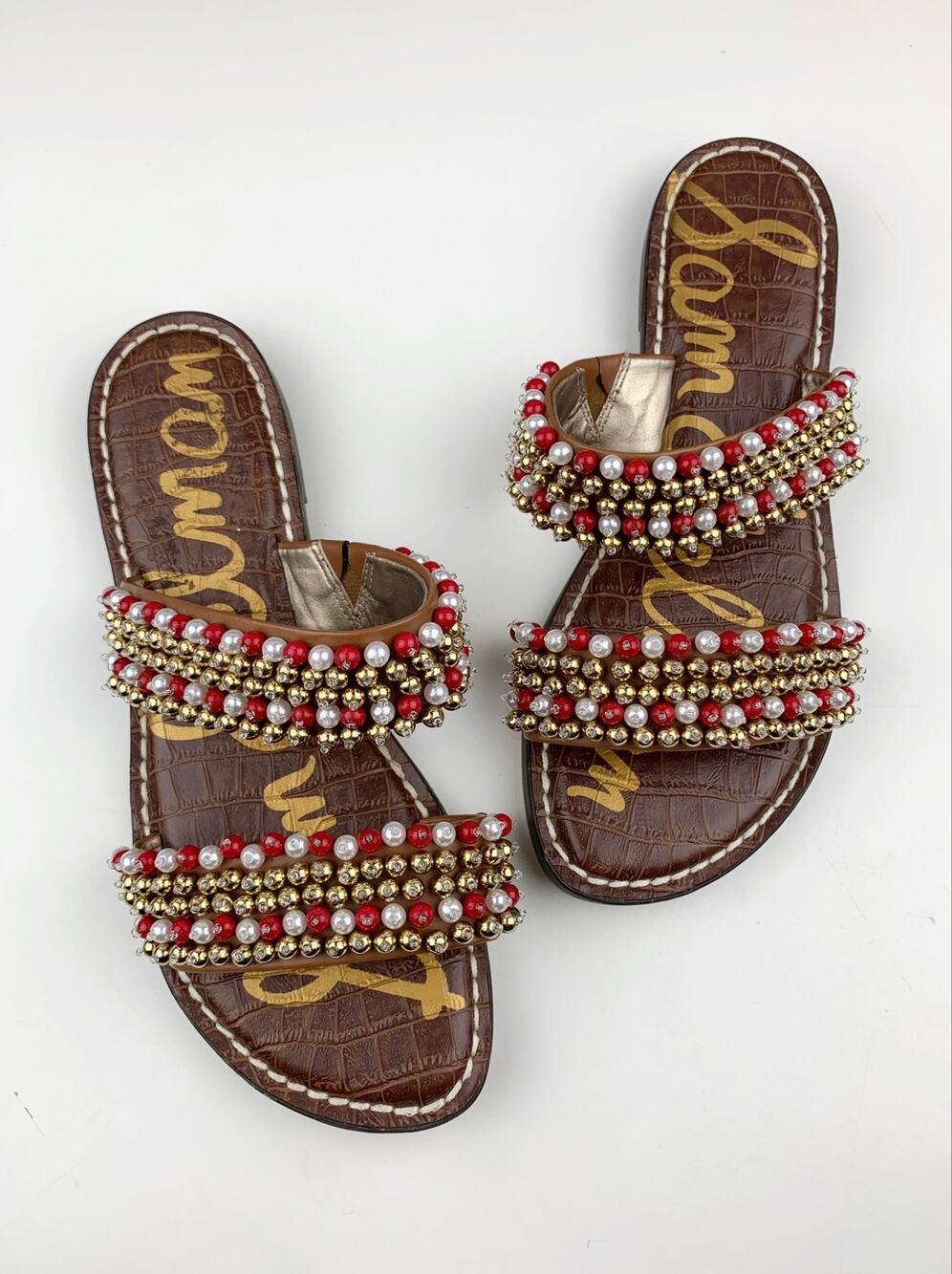 Sam Edelman Galore Sandals Beaded Straps Red Gold Slip On Women's 6.5